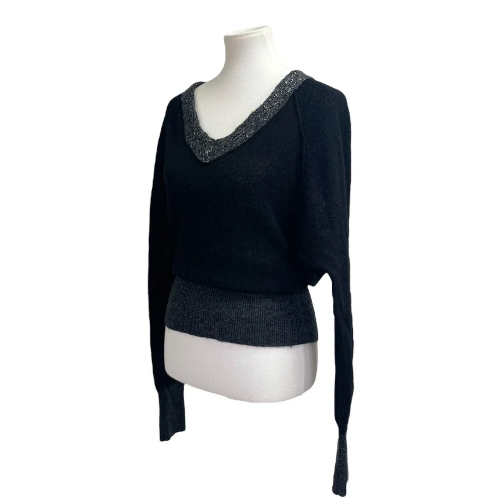 Free People Deep V Neck Sweater. Large. Wool Blend slouchy grey gray black shiny
